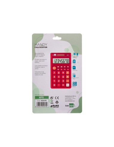 Calculadora liderpapel bolsillo xf11 8 digitos solar y pilas color rojo 115x65x8 mm