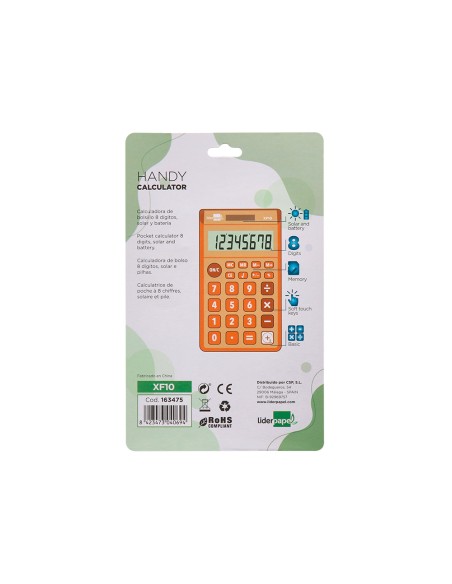 Calculadora liderpapel bolsillo xf10 8 digitos solar y pilas color naranja 115x65x8 mm Calculadora liderpapel bolsillo xf10 8 digitos solar y pilas color naranja 115x65x8 mm