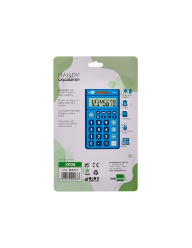 Calculadora liderpapel bolsillo xf09 8 digitos solar y pilas color azul 115x65x8 mm