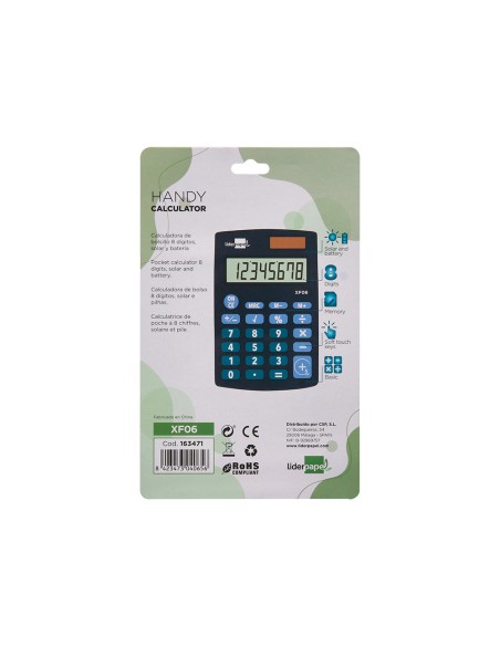 Calculadora liderpapel bolsillo xf06 8 digitos solar y pilas color azul 98x62x8 mm Calculadora liderpapel bolsillo xf06 8 digitos solar y pilas color azul 98x62x8 mm