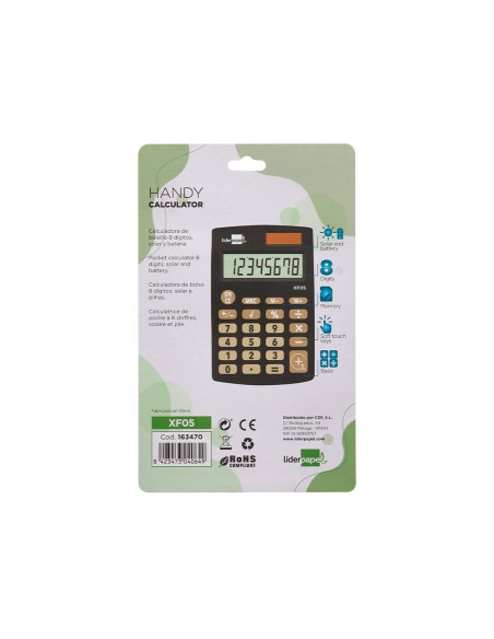 Calculadora liderpapel bolsillo xf05 8 digitos solar y pilas color negro 98x62x8 mm Calculadora liderpapel bolsillo xf05 8 digitos solar y pilas color negro 98x62x8 mm