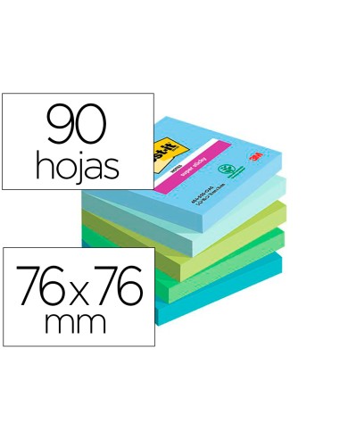 Bloc de notas adhesivas quita y pon post it super sticky oasis 76x76 mm 90 hojas 100 pefc pack de 5 unidades