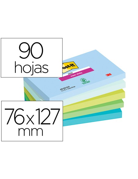 Bloc de notas adhesivas quita y pon post it super sticky oasis 76x127 mm 90 hojas 100 pefc pack de 5 unidades
