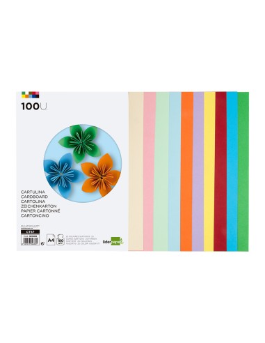Cartulina liderpapel a4 180g m2 25 colores surtidos paquete de 100 hojas