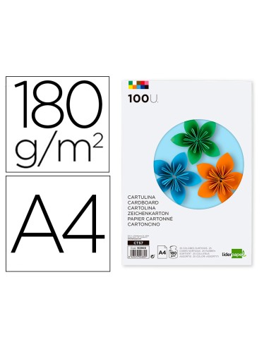 Cartulina liderpapel a4 180g m2 25 colores surtidos paquete de 100 hojas