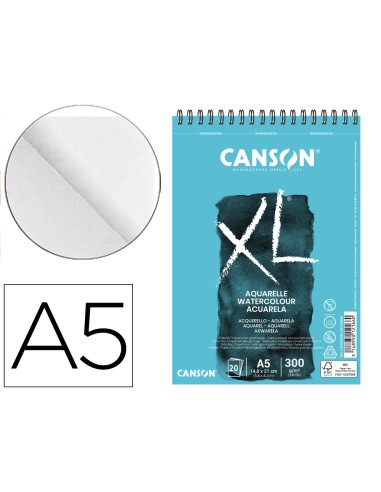 Bloc dibujo acuarela canson xl aquarelle grano fino din a5 microperforado espiral 148x21 cm 20 hojas 300 gr m2