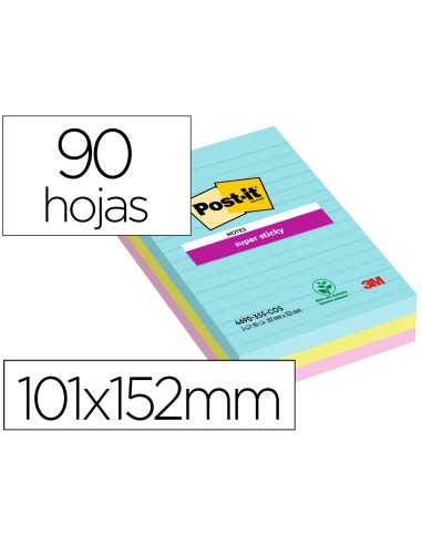 Bloc de notas adhesivas quita y pon post it super sticky cosmic rayado 90 hojas 101x152 mm paquete de 3 unidades