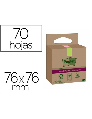 Bloc de notas adhesivas quita y pon post it super sticky 76x76 mm 70 hojas recicladas paquete de 3 unidades colores