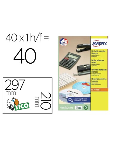 Etiqueta adhesiva avery blanca brillante laser 210x297 mm caja de 40 unidades