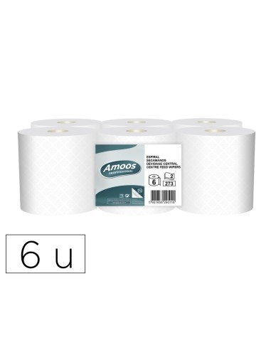 Papel secamanos amoos industrial 2 capas 32g m2 blanco 90 mt paquete de 6 rollos