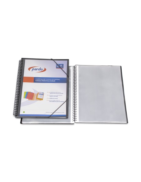 Carpeta pardo escaparate con espiral 20 fundas folio personalizable color negra