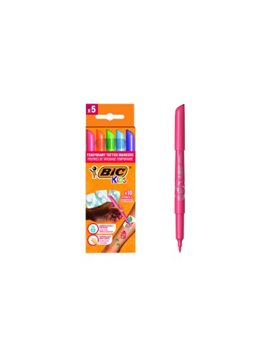 Rotulador bic kids tattoo caja de 5 unidades colores surtidos 10 plantillas