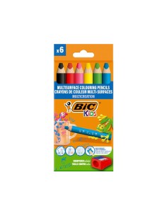 Lapices de colores bic multisuperficies triangulares mina borrable caja de 6 unidades colores surtidos