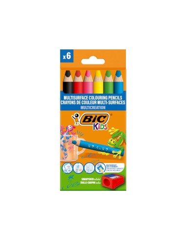 Lapices de colores bic multisuperficies triangulares mina borrable caja de 6 unidades colores surtidos 