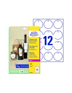 Etiqueta colgante avery blanca 60 mm diametro imprimible doble cara carton 220 gr pack de 120 unidades