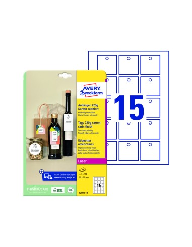 Etiqueta colgante avery blanca 50x50 mm imprimible doble cara carton 220 gr pack de 150 unidades