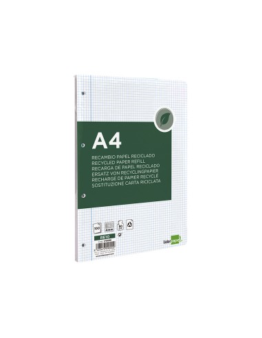 Recambio liderpapel a4 100 hojas papel reciclado 100 80g m2 cuadro 4mm con margen 4 taladros