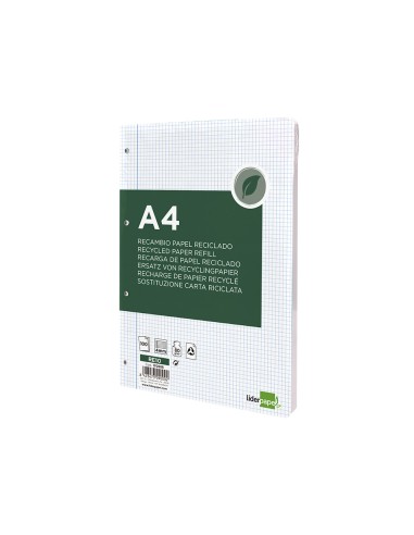 Recambio liderpapel a4 100 hojas papel reciclado 100 80g m2 cuadro 4mm con margen 4 taladros