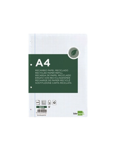 Recambio liderpapel a4 100 hojas papel reciclado 100 80g m2 cuadro 4mm con margen 4 taladros