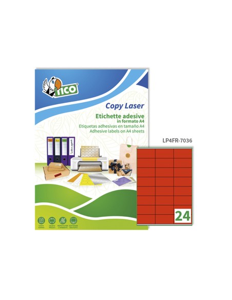Etiqueta adhesiva tico rojo fl uorescenteses permanente fsc laser inkjet fotocopia 70x36 mmcaja de 1680 unidades