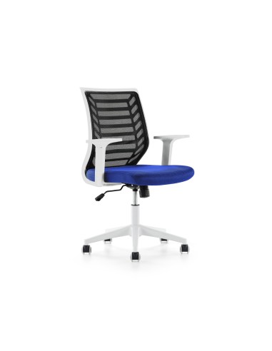 Silla rocada de oficina brazos regulables estructura blanca respaldo malla y asiento tela ignifuga azul