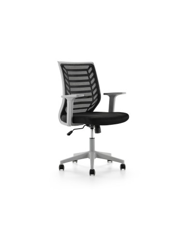 Silla rocada de oficina brazos regulables estructura gris respaldo malla y asiento tela ignifuga negro