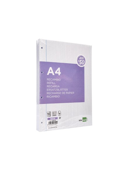 Recambio liderpapel a4 20050 hojas 90g m2 cuadro 4 mm con margen 4 taladros
