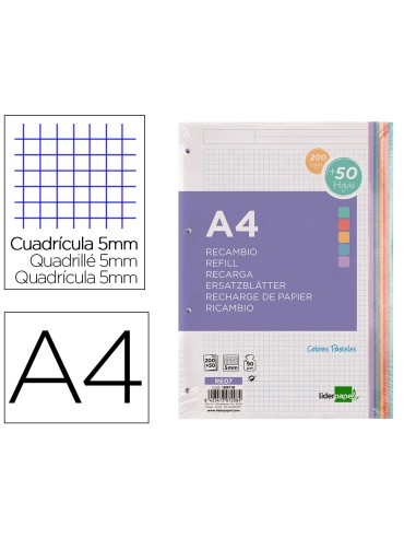 Recambio liderpapel a4 20050 hojas 90g m2 cuadro 5 mm 4 taladros bandas de 5 colores