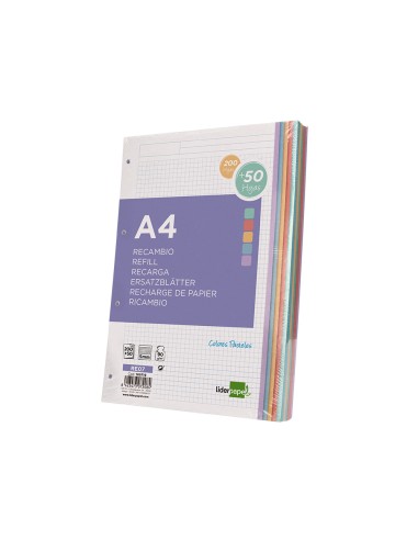 Recambio liderpapel a4 20050 hojas 90g m2 cuadro 5 mm 4 taladros bandas de 5 colores