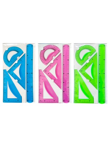 Juego escuadra 21 cm cartabon 21 cm regla 30 cm y semicirculo plastico flexible en petaca liderpapel colores