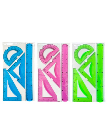 Juego escuadra 21 cm cartabon 21 cm regla 30 cm y semicirculo plastico flexible en petaca liderpapel colores