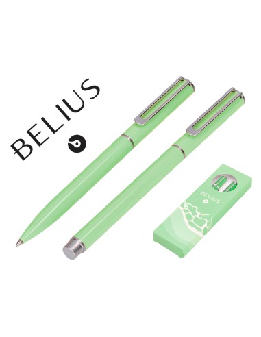 Juego boligrafo y roller belius endless summer aluminio color verde y plateado tinta azul caja de diseno