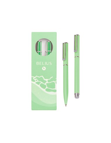 Juego boligrafo y roller belius endless summer aluminio color verde y plateado tinta azul caja de diseno