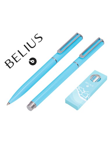 Juego boligrafo y roller belius endless summer aluminio color celeste y plateado tinta azul caja de diseno