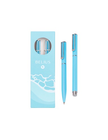 Juego boligrafo y roller belius endless summer aluminio color celeste y plateado tinta azul caja de diseno