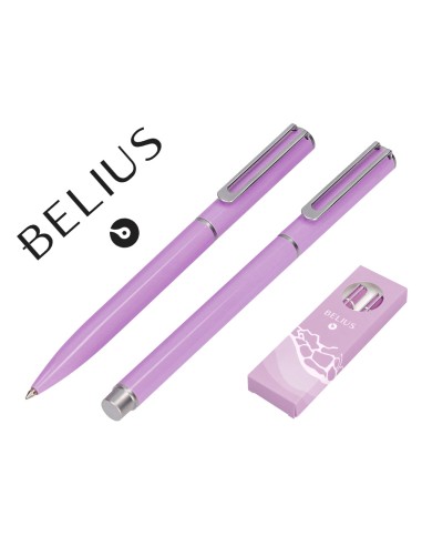 Juego boligrafo y roller belius endless summer aluminio color morado y plateado tinta azul caja de diseno