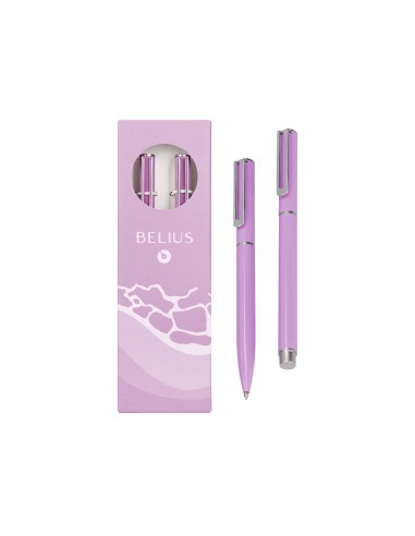 Juego boligrafo y roller belius endless summer aluminio color morado y plateado tinta azul caja de diseno