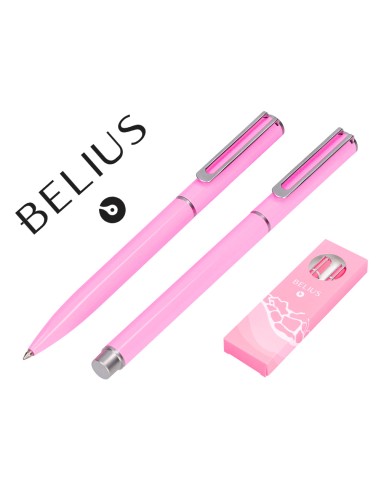 Juego boligrafo y roller belius endless summer aluminio color rosa y plateado tinta azul caja de diseno