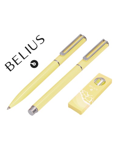 Juego boligrafo y roller belius endless summer aluminio color amarillo y plateado tinta azul caja de diseno
