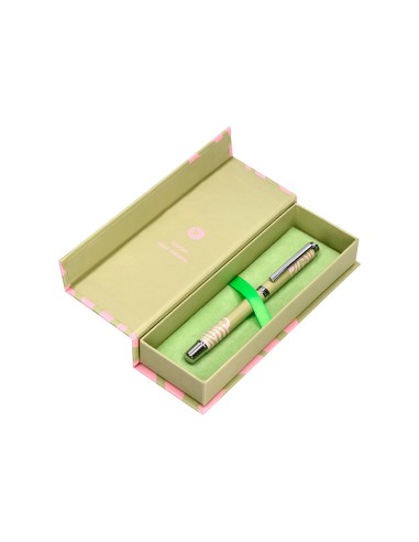 Roller belius ink dreams aluminio color verde matcha y rosa plateado frase interior tinta negra caja de diseno