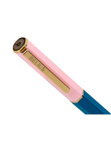 Boligrafo belius macaron bliss forma hexagonal color rosa azul y dorado tinta azul caja de diseno