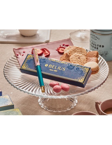 Boligrafo belius macaron bliss forma hexagonal color rosa azul y dorado tinta azul caja de diseno