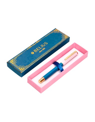 Boligrafo belius macaron bliss forma hexagonal color rosa azul y dorado tinta azul caja de diseno