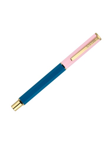 Boligrafo belius macaron bliss forma hexagonal color rosa azul y dorado tinta azul caja de diseno