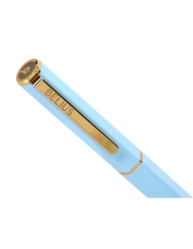 Boligrafo belius macaron bliss forma hexagonal color celeste y dorado tinta azul caja de diseno