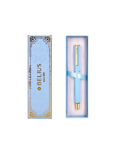 Boligrafo belius macaron bliss forma hexagonal color celeste y dorado tinta azul caja de diseno
