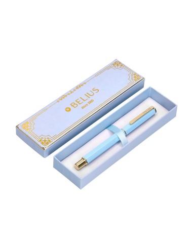 Boligrafo belius macaron bliss forma hexagonal color celeste y dorado tinta azul caja de diseno