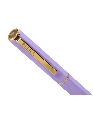 Boligrafo belius macaron bliss forma hexagonal color morado y dorado tinta azul caja de diseno