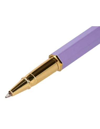 Boligrafo belius macaron bliss forma hexagonal color morado y dorado tinta azul caja de diseno