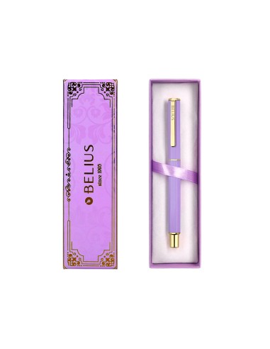 Boligrafo belius macaron bliss forma hexagonal color morado y dorado tinta azul caja de diseno